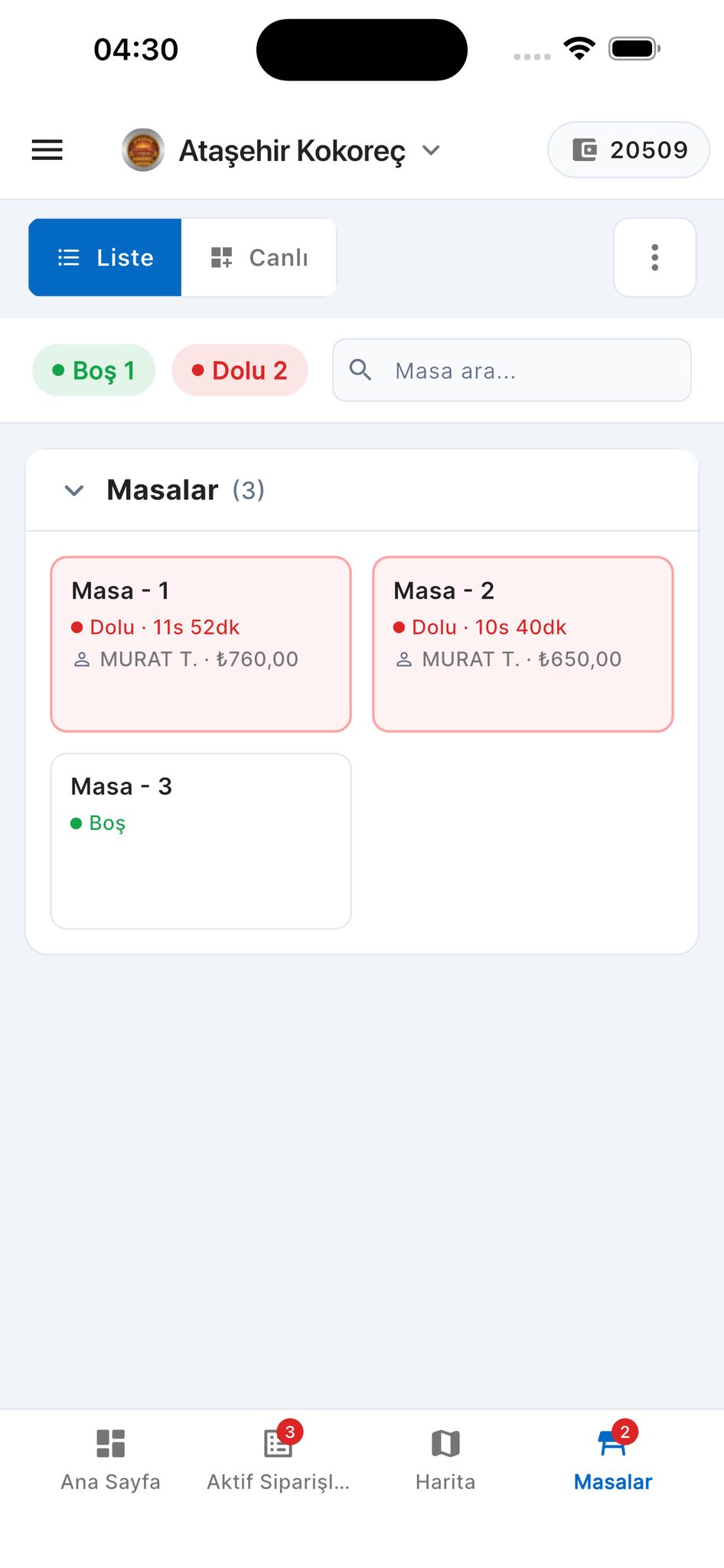 Garson masa yönetimi ekranı