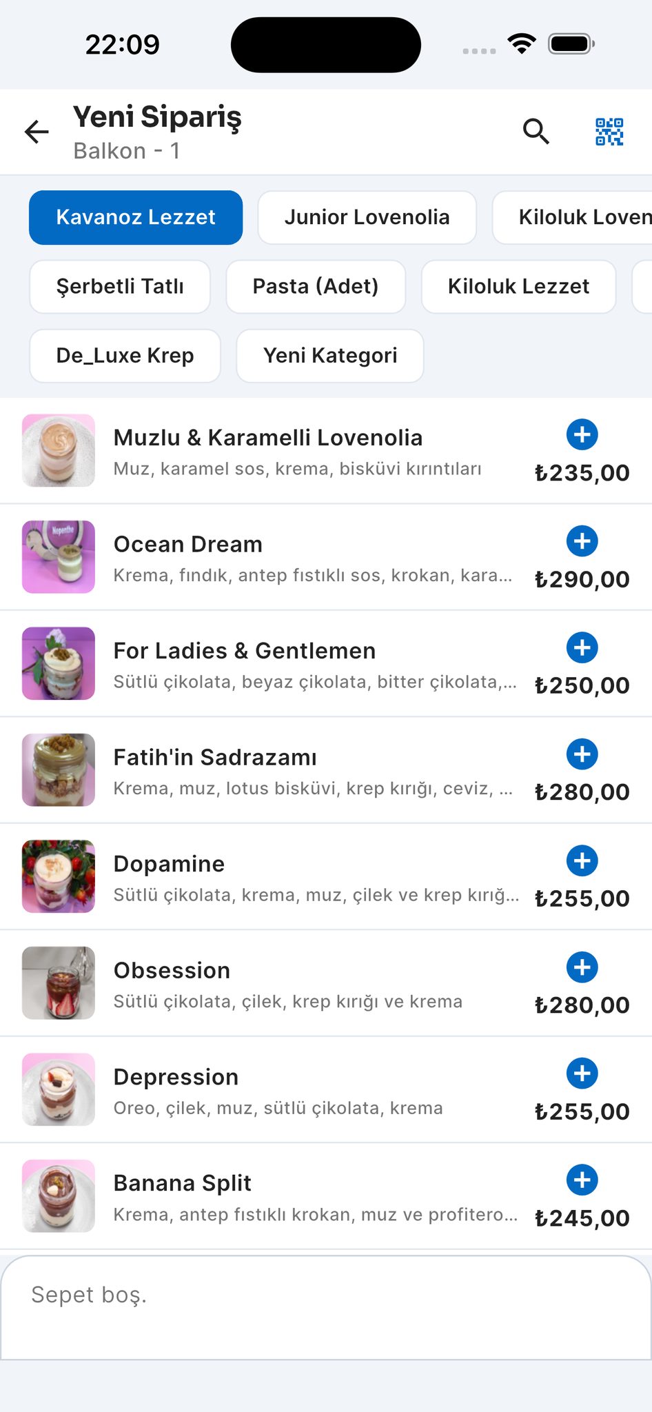 Yeni sipariş ve menü kataloğu