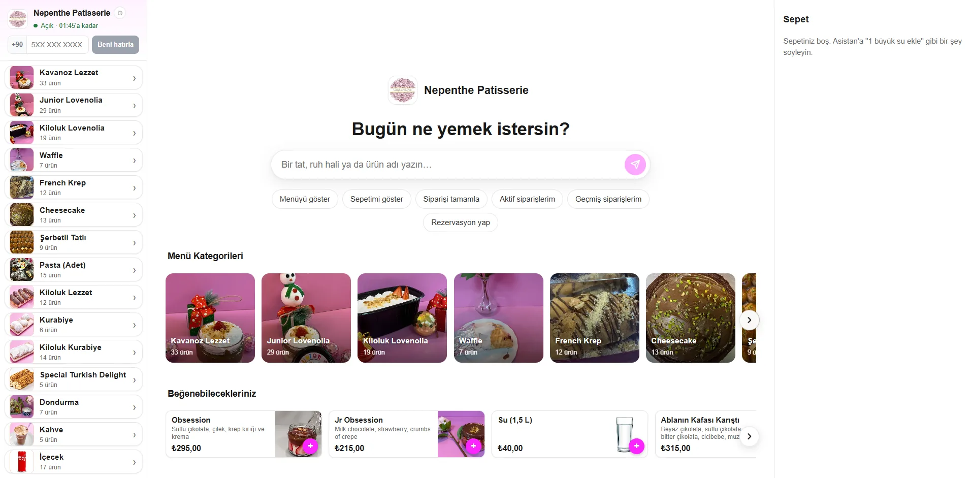 Yapay zeka restoran asistanı ekran görüntüsü