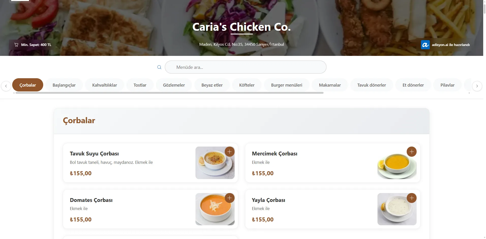 Yapay zeka restoran asistanı ekran görüntüsü