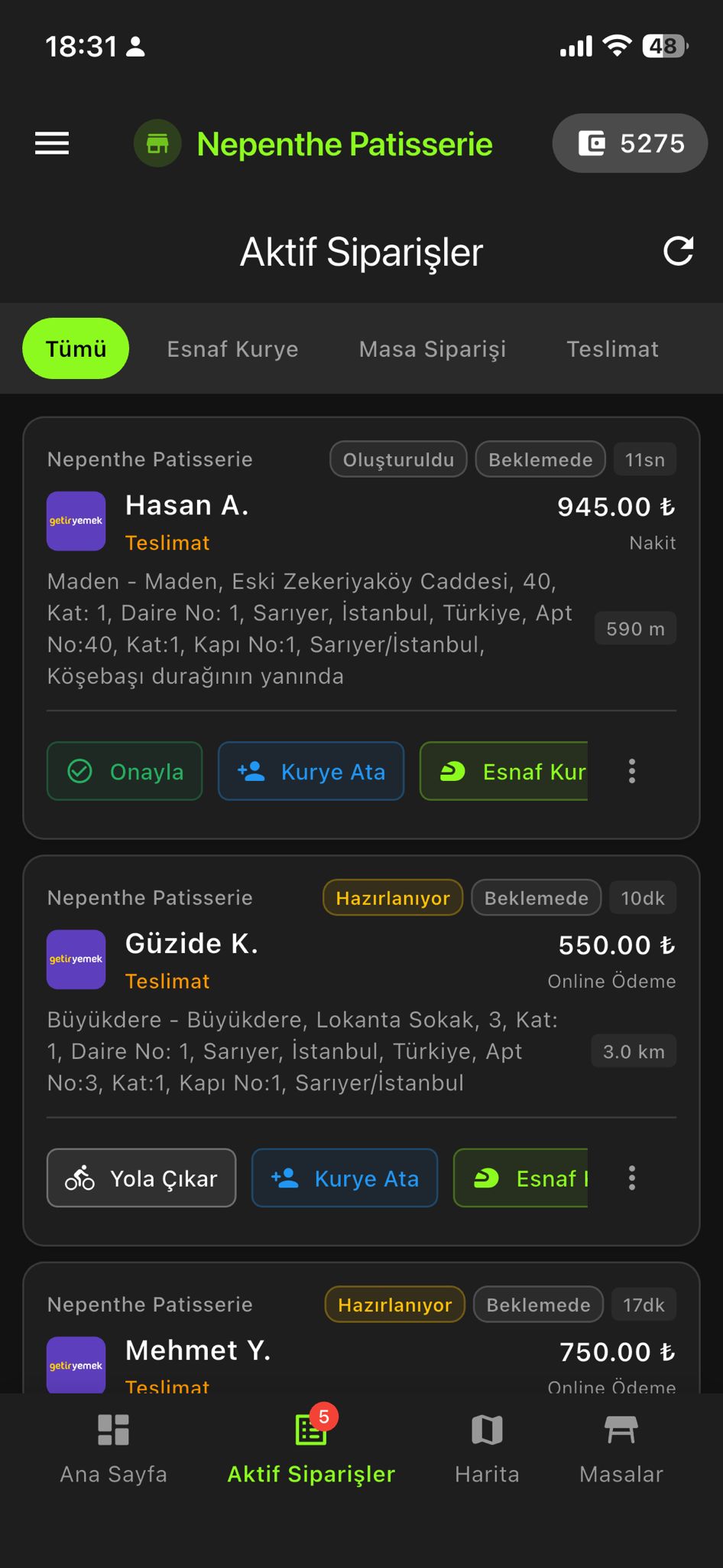 Kurye mobil takip ekranı