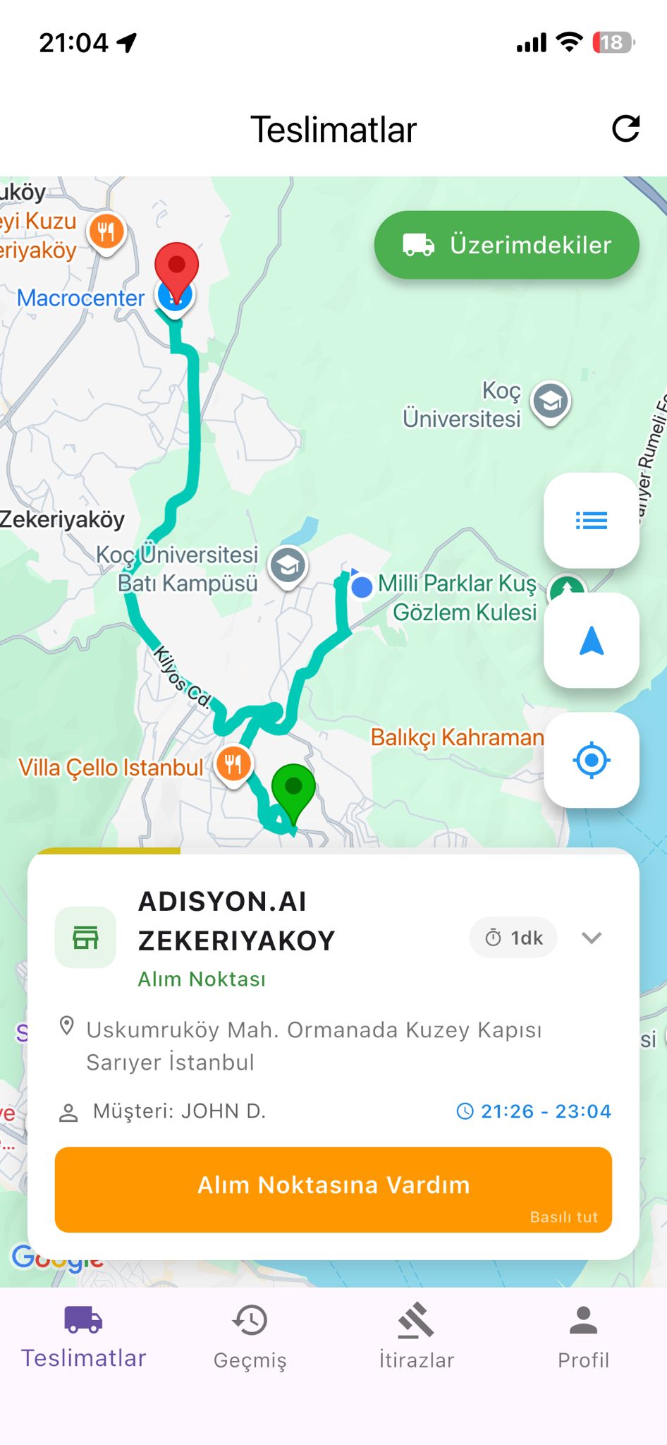 Kurye mobil takip ekranı