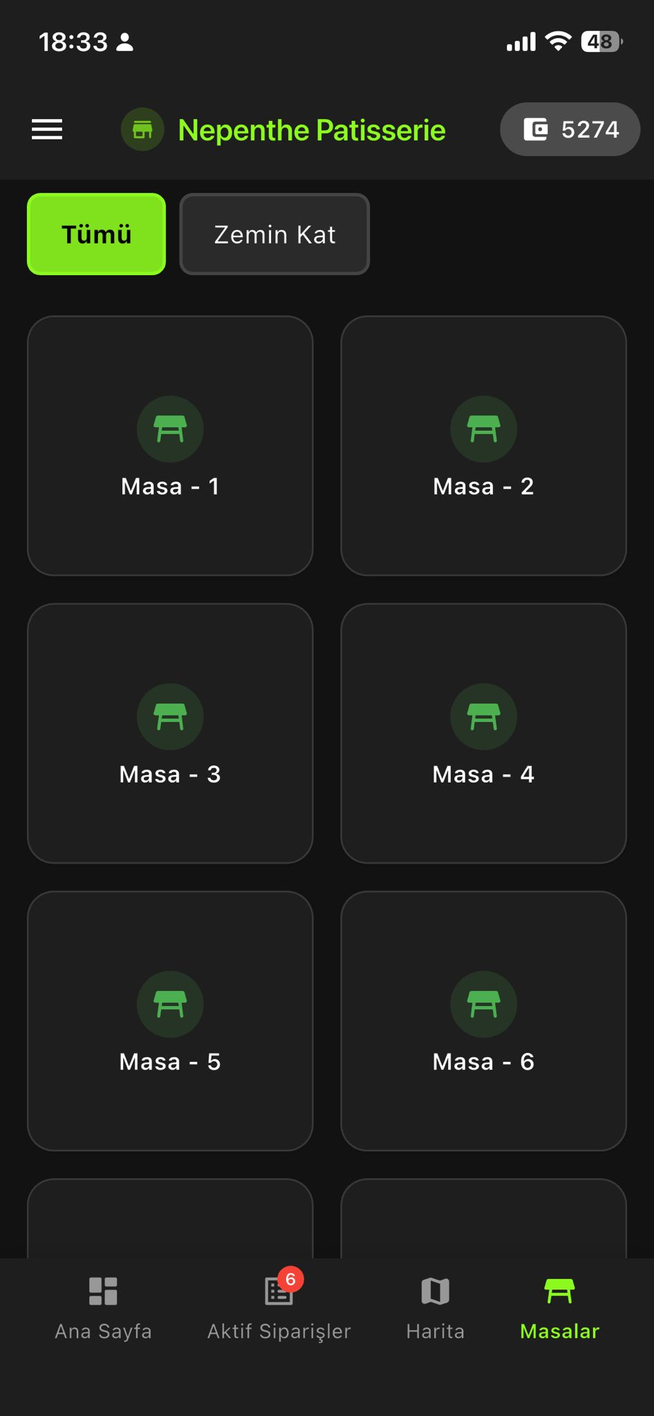 Garson masa sipariş ekranı