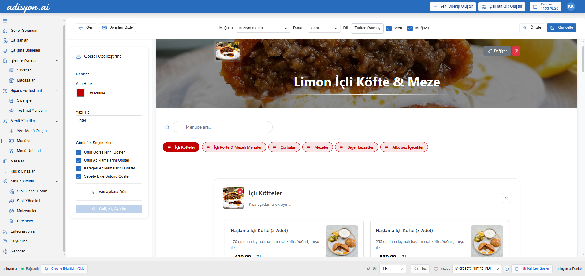 Menü önizleme ekranı