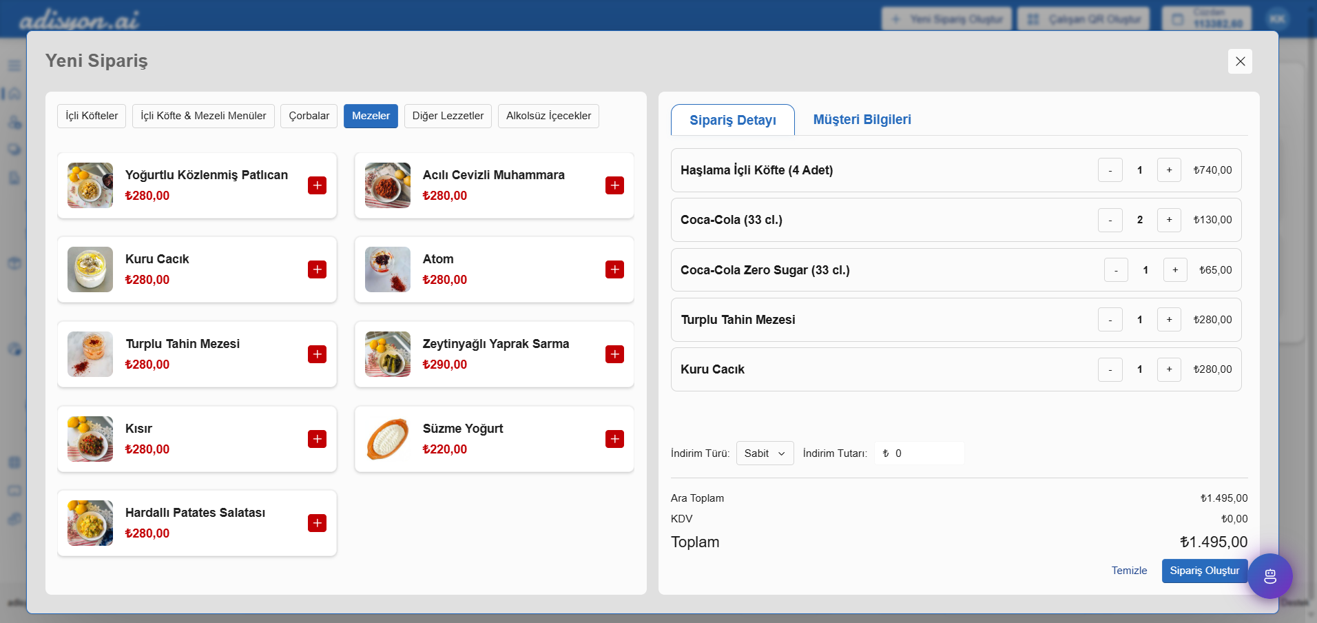 Sipariş oluşturma ekranı