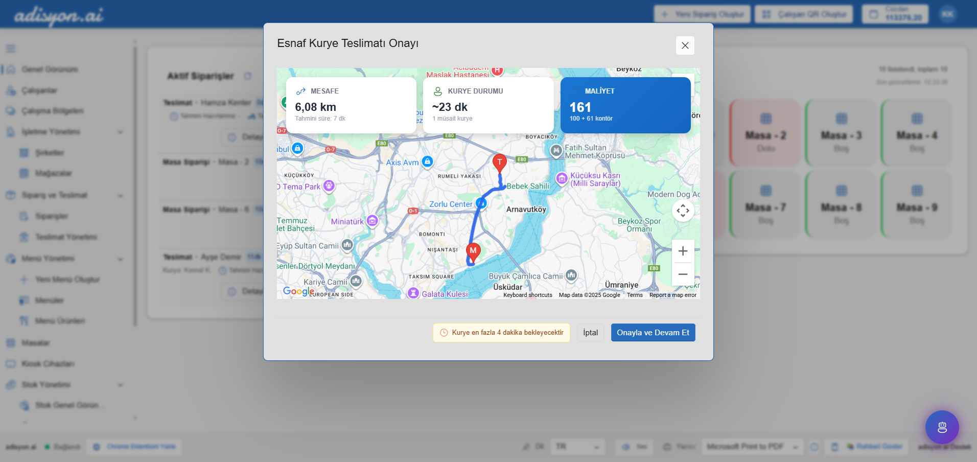 Esnaf kurye çağırma ekranı