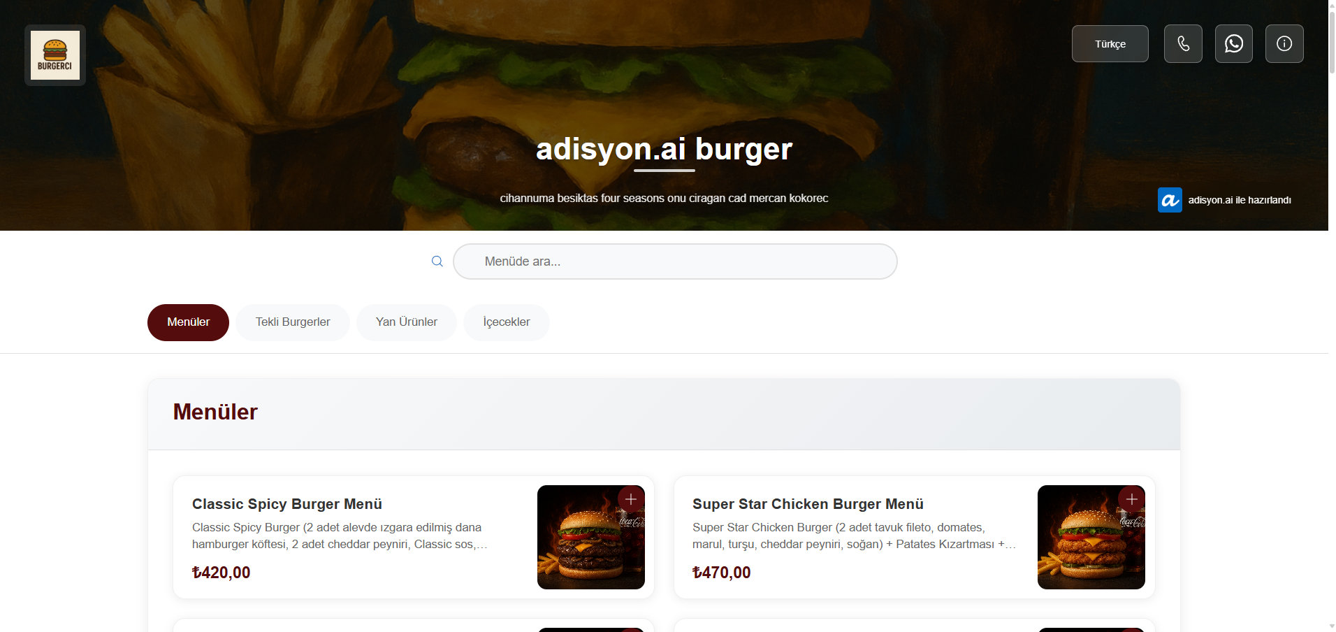 Menü önizleme ekranı