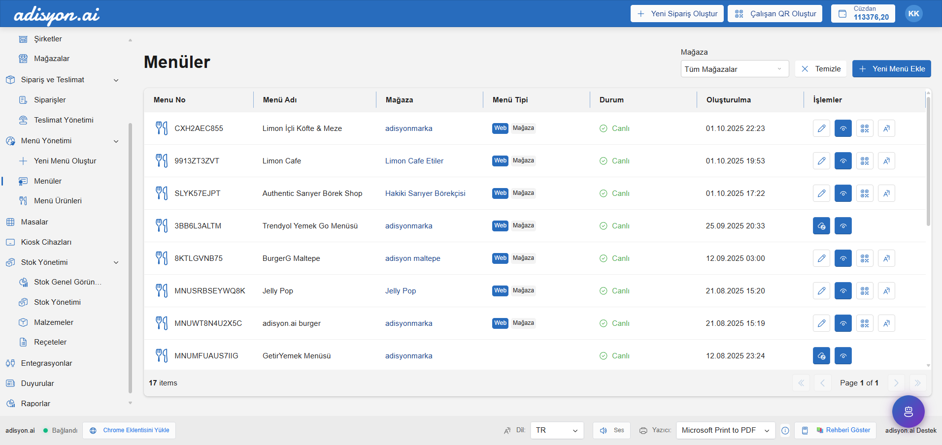 Menü önizleme ekranı