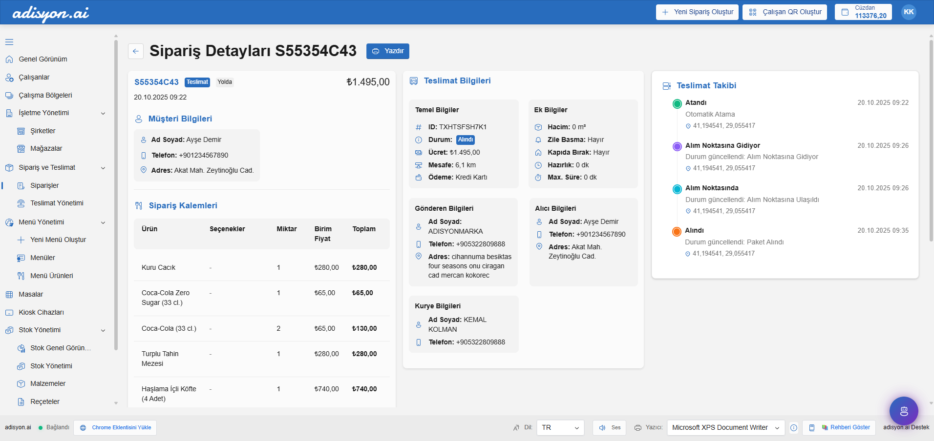 Sipariş oluşturma ekranı